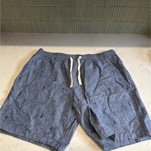 Roots Chambray Blue Elastic Waist Linen Shorts with Drawstring